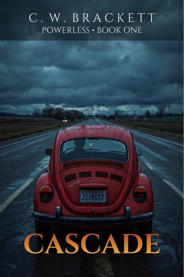 Cover of Cascade by C. W. Brackett, showing a red Volkswagen Beetle on a dark storm road